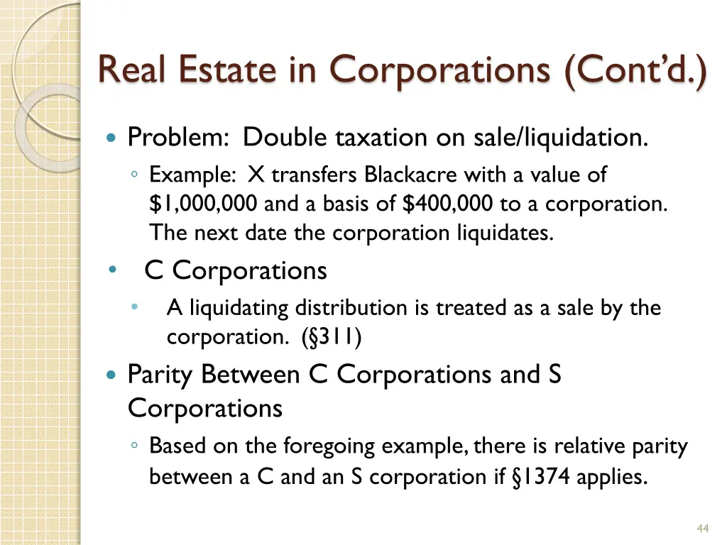real estate in corporations cont d