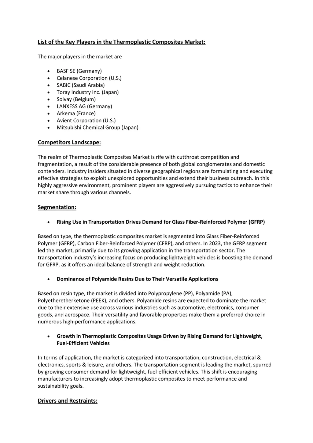 list of the key players in the thermoplastic