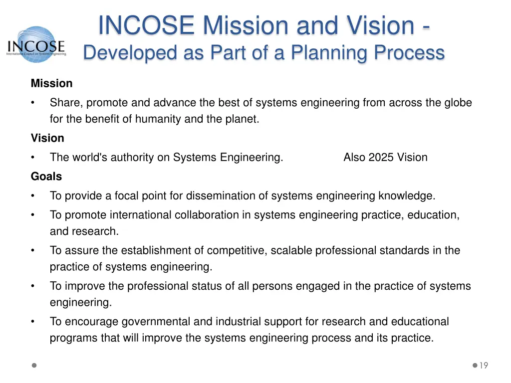 incose mission and vision developed as part