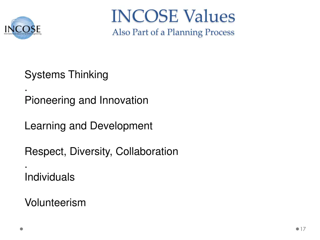 incose values also part of a planning process