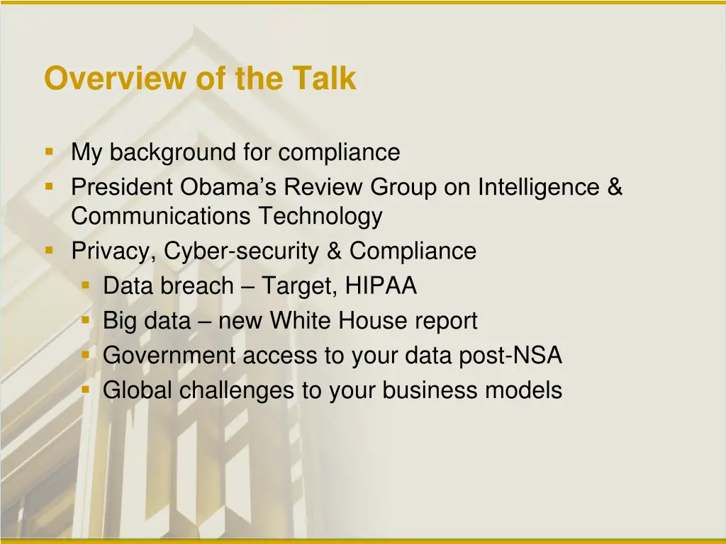 overview of the talk