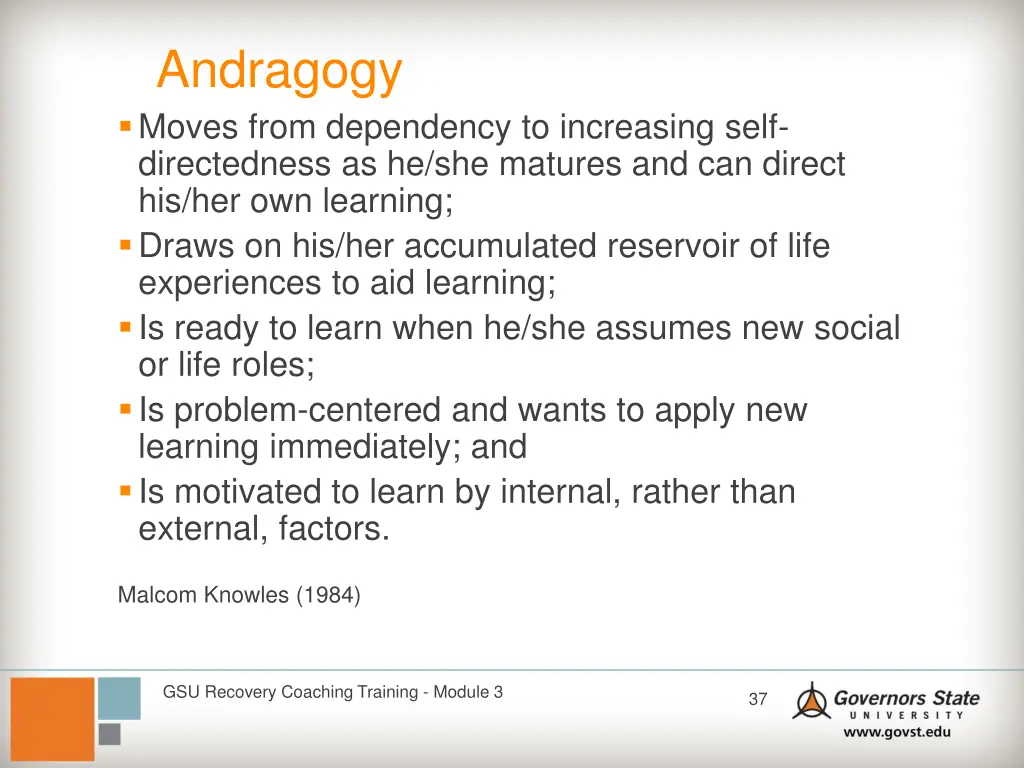 andragogy moves from dependency to increasing