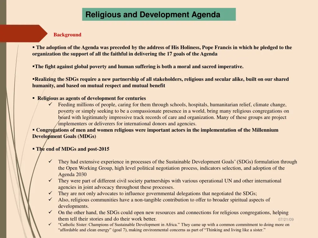 religious and development agenda