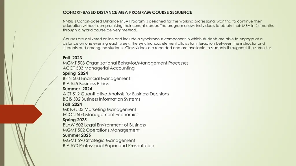 cohort based distance mba program course sequence