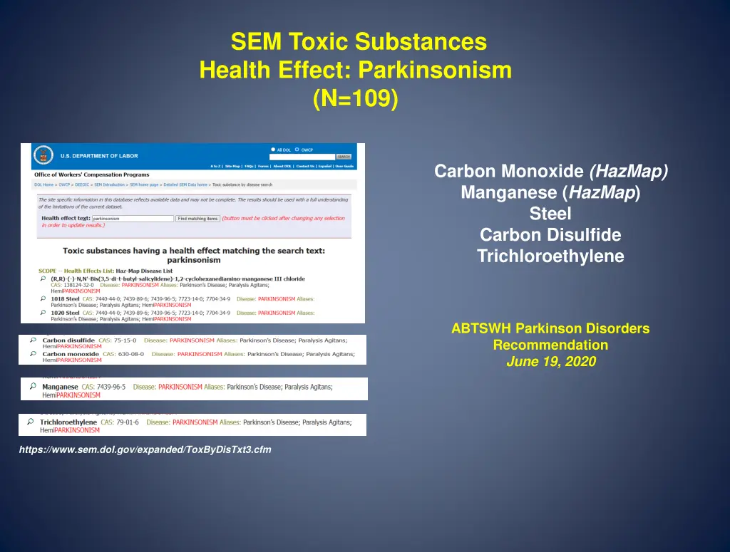 sem toxic substances health effect parkinsonism
