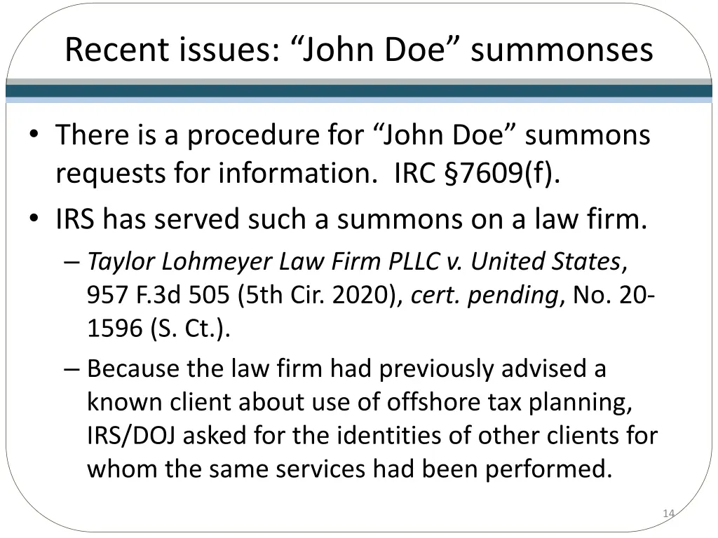 recent issues john doe summonses