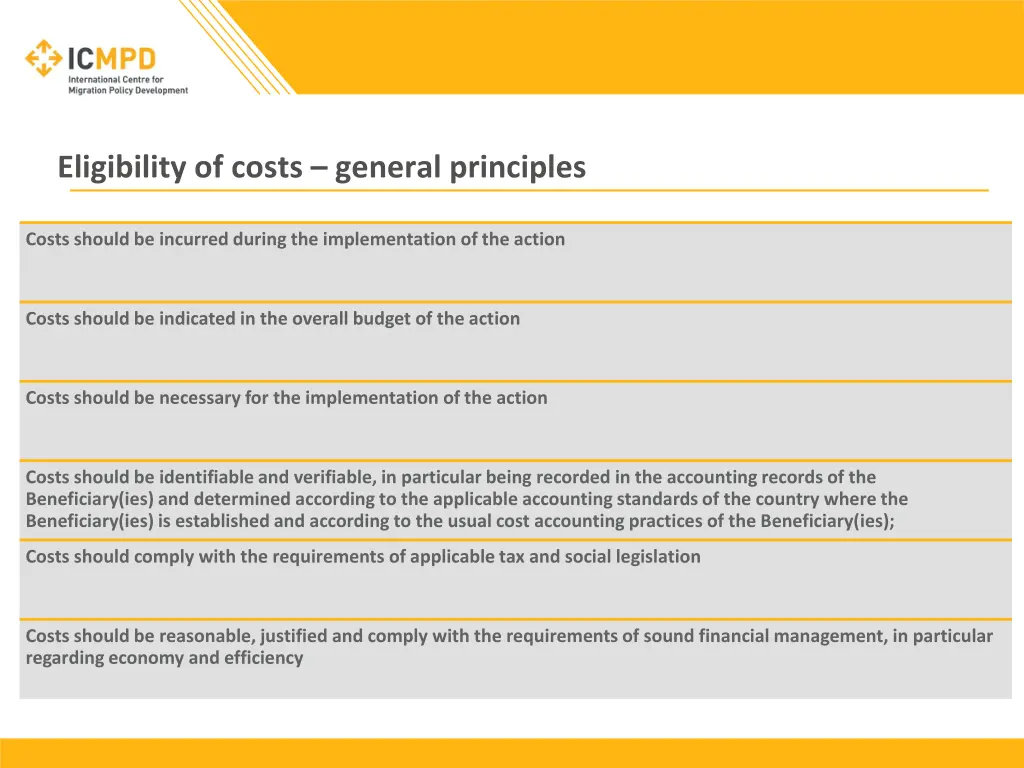 eligibility of costs general principles