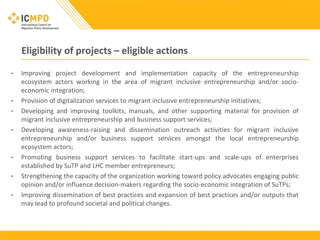 eligibility of projects eligible actions