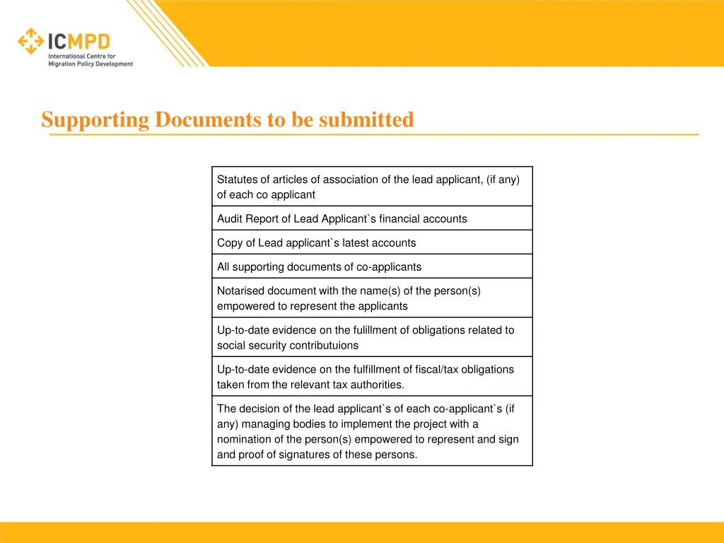 supporting documents to be submitted