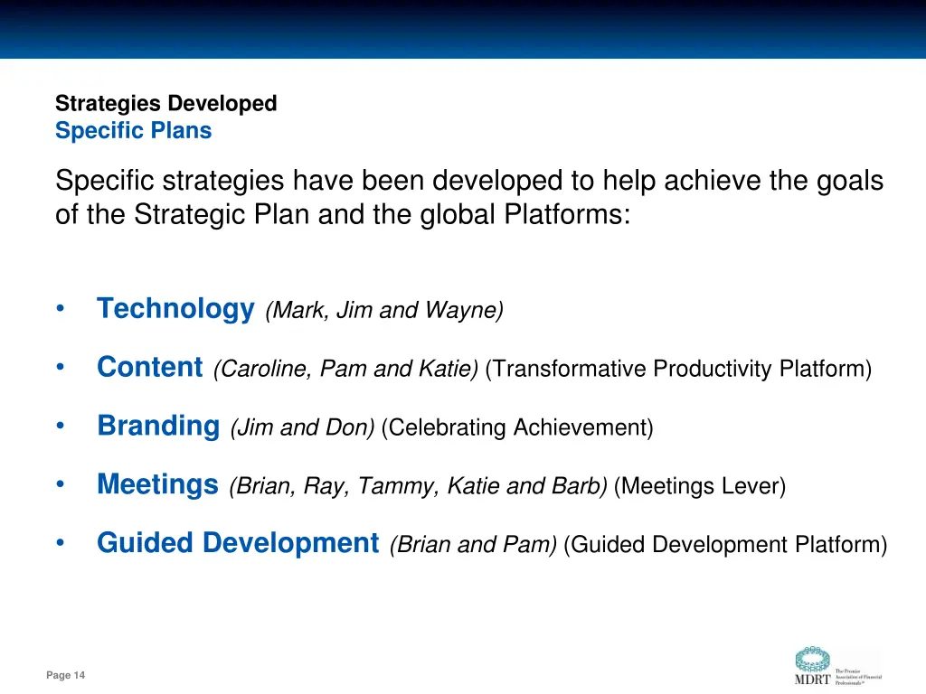 strategies developed specific plans