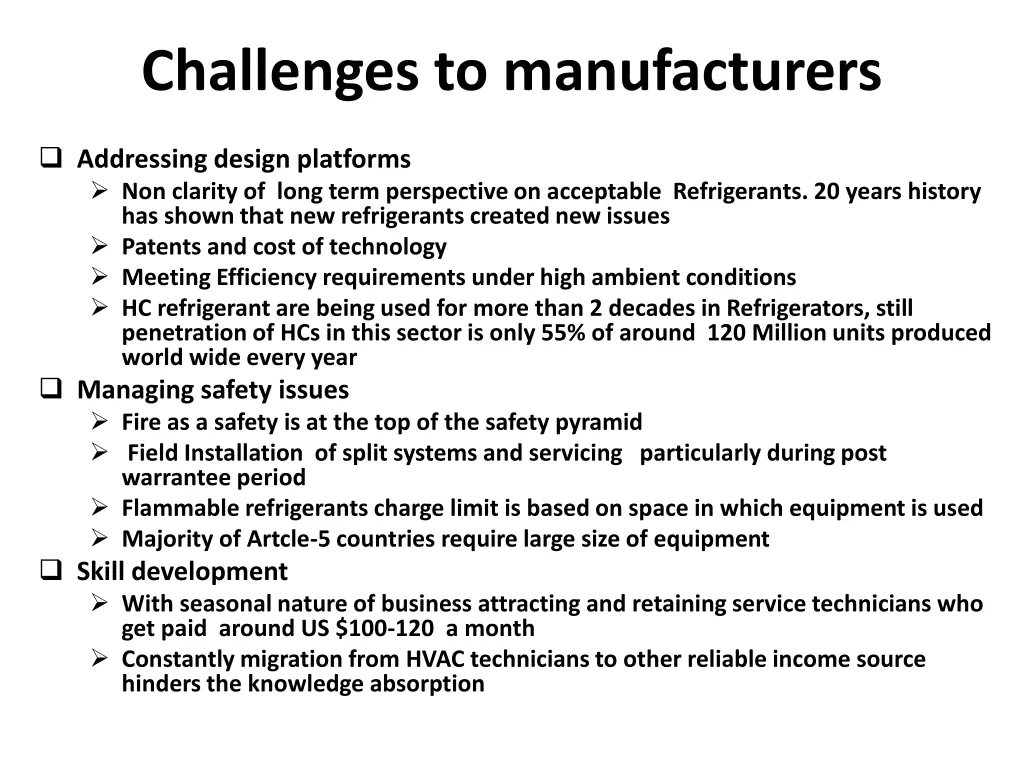 challenges to manufacturers