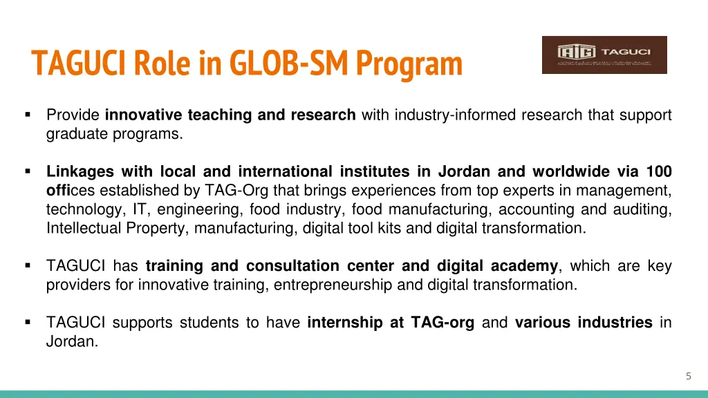 taguci role in glob sm program