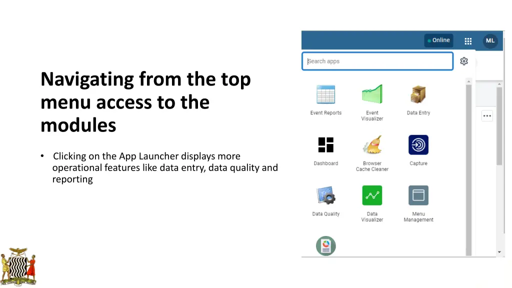 navigating from the top menu access to the modules