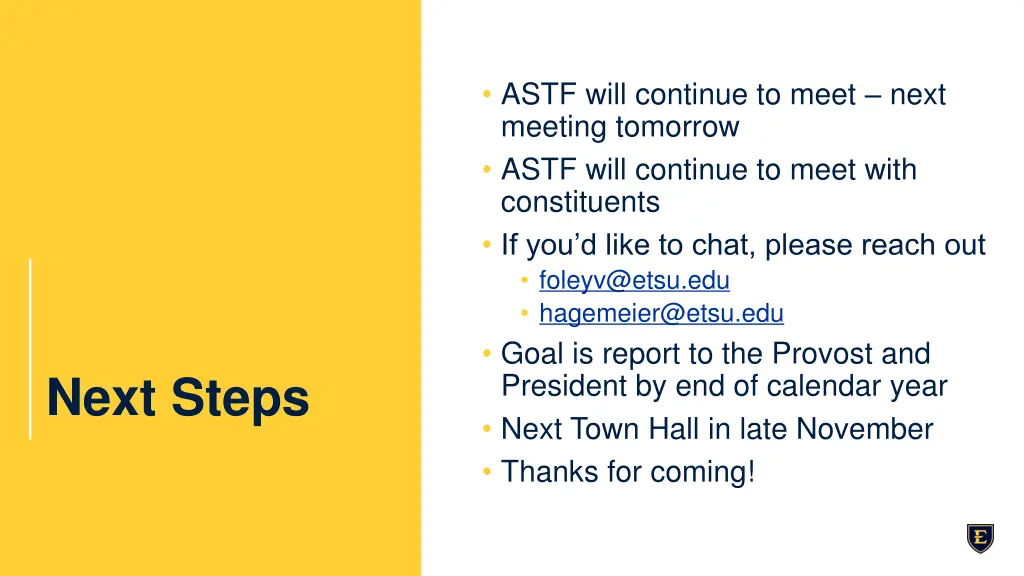 astf will continue to meet next meeting tomorrow