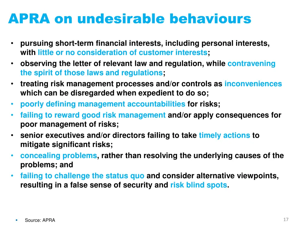 apra on undesirable behaviours