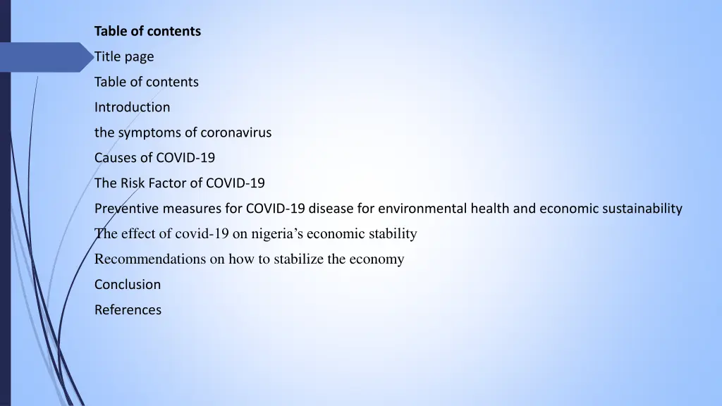 table of contents