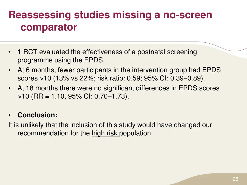 reassessing studies missing a no screen comparator