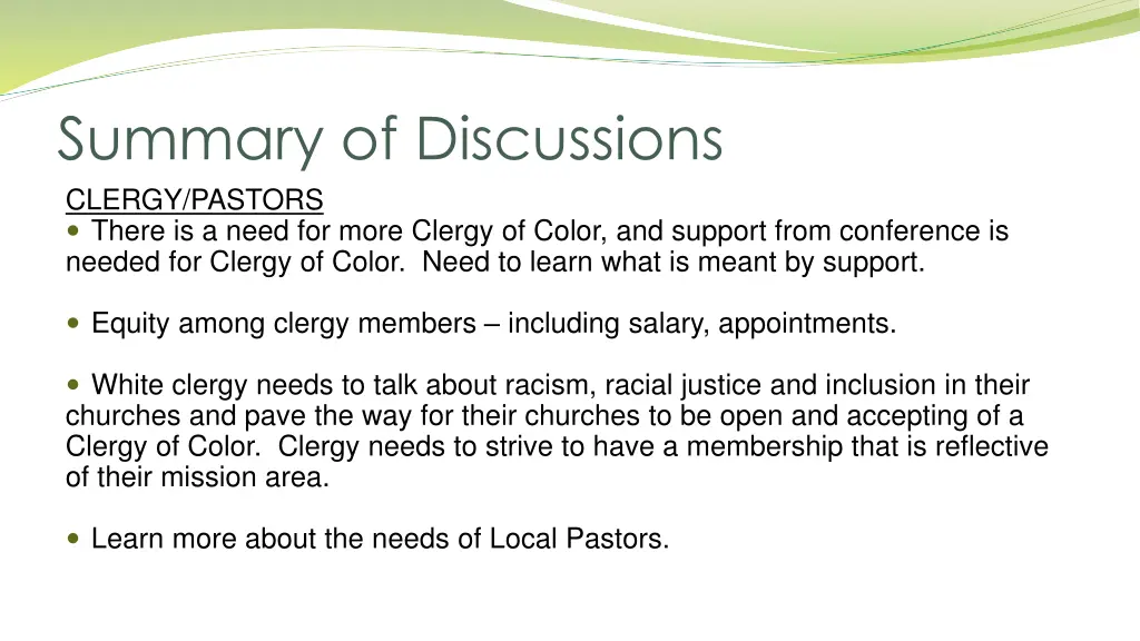 summary of discussions clergy pastors there