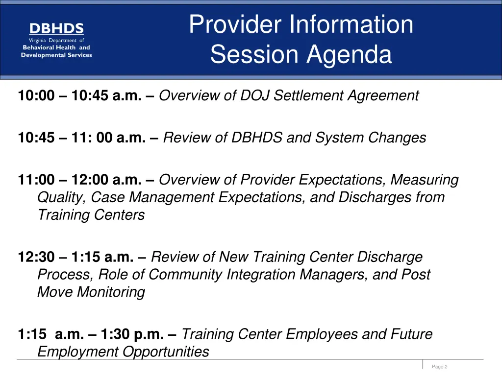 provider information session agenda