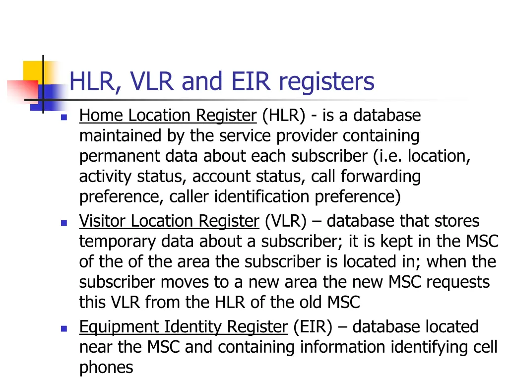 hlr vlr and eir registers