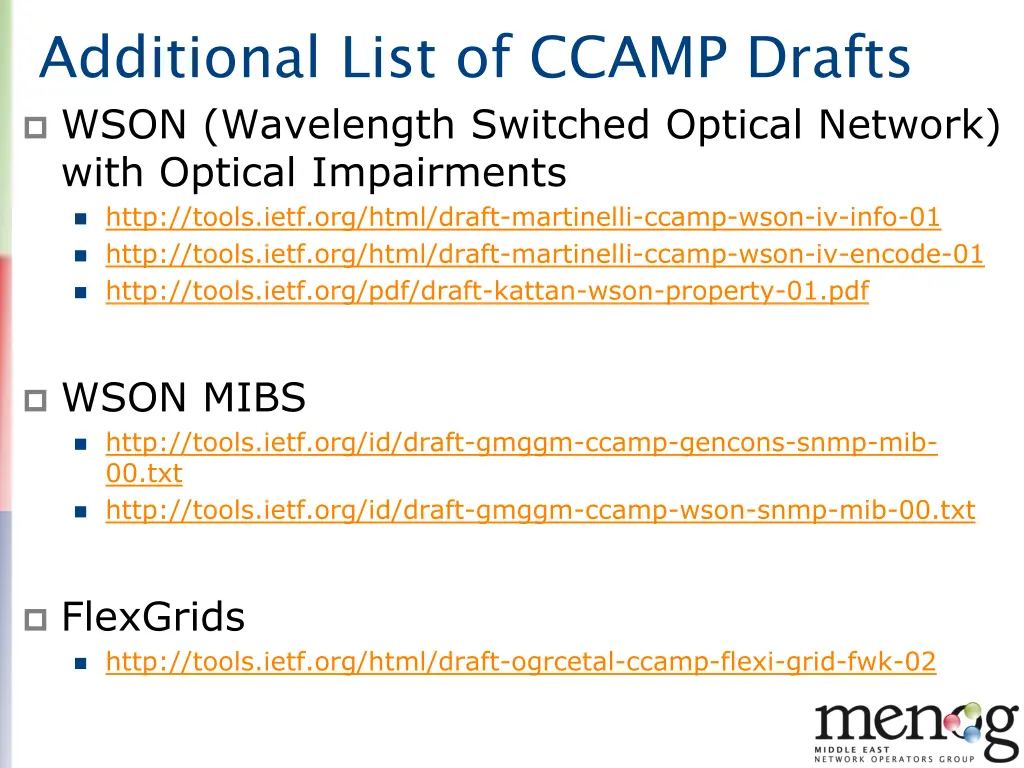 additional list of ccamp drafts wson wavelength