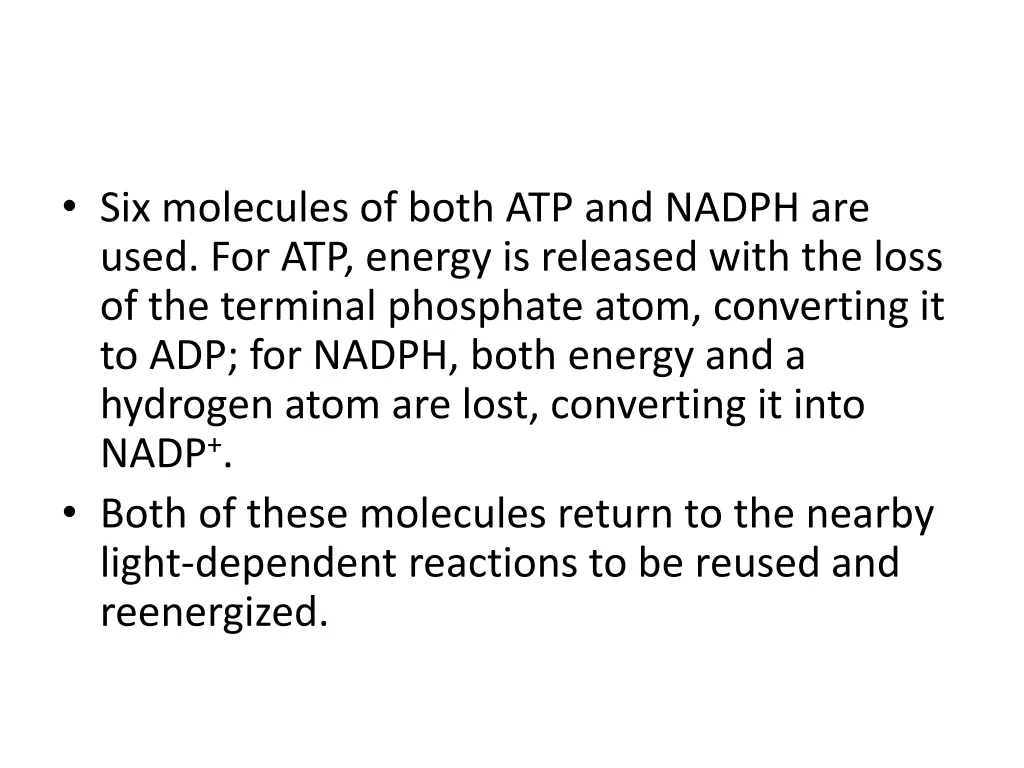 six molecules of both atp and nadph are used