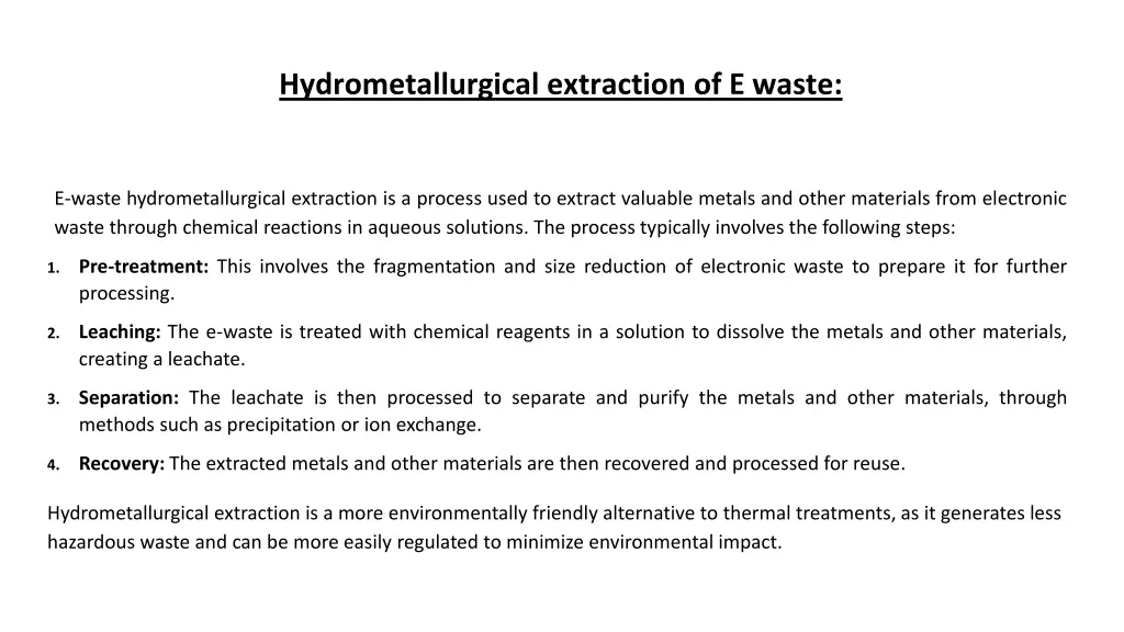 hydrometallurgical extraction of e waste
