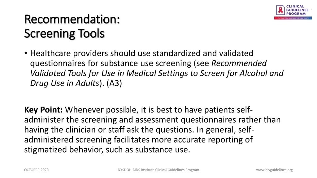 recommendation recommendation screening tools