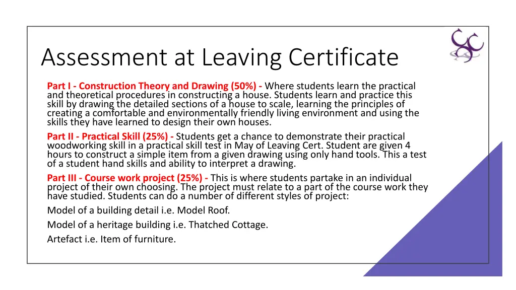 assessment at leaving certificate 1