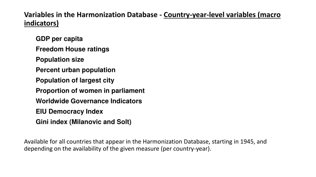 variables in the harmonization database country