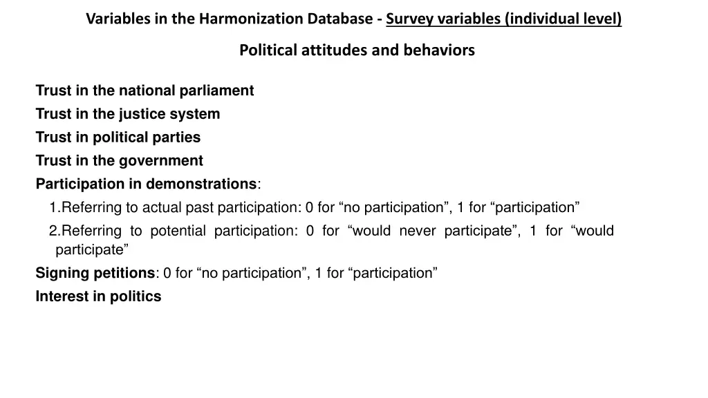 variables in the harmonization database survey