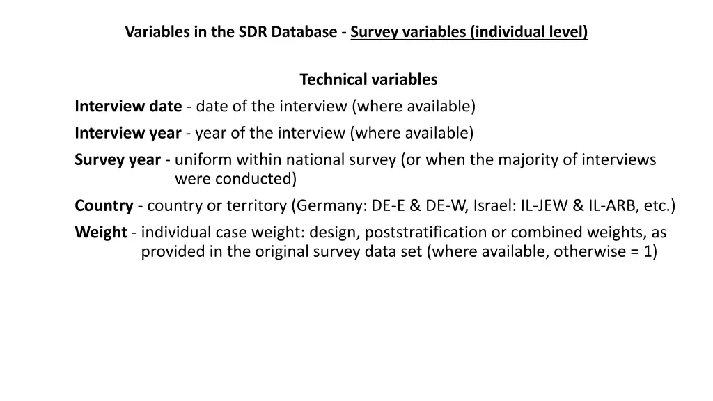 variables in the sdr database survey variables