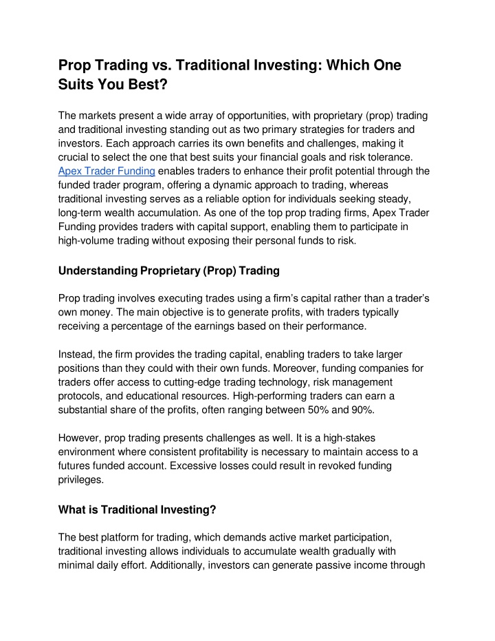 prop trading vs traditional investing which