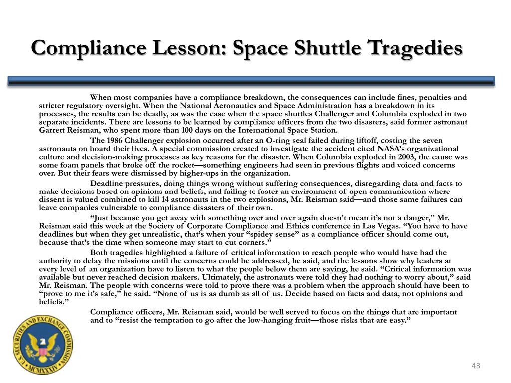 compliance lesson space shuttle tragedies