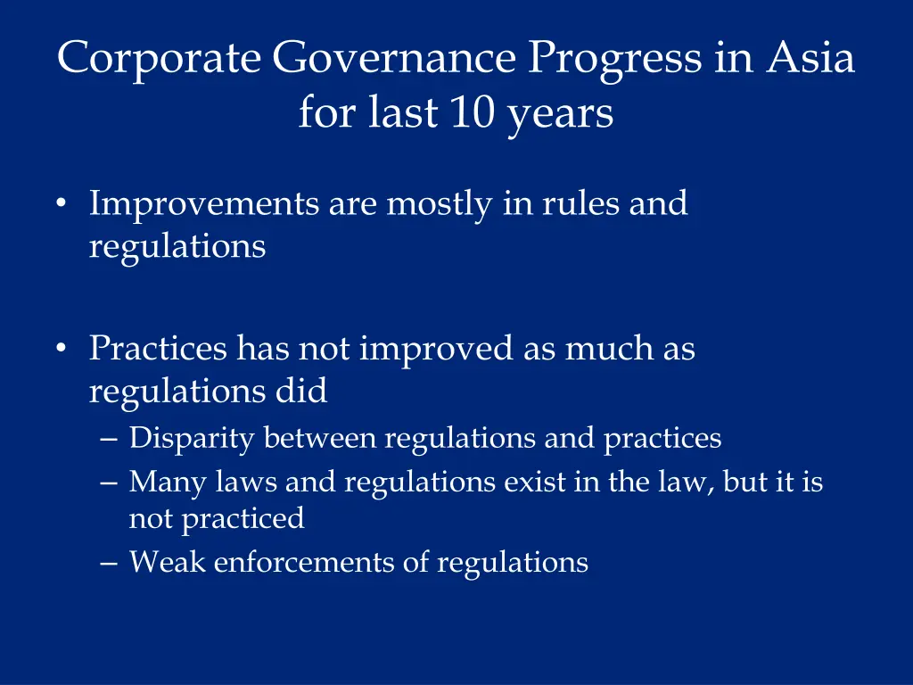 corporate governance progress in asia for last 1