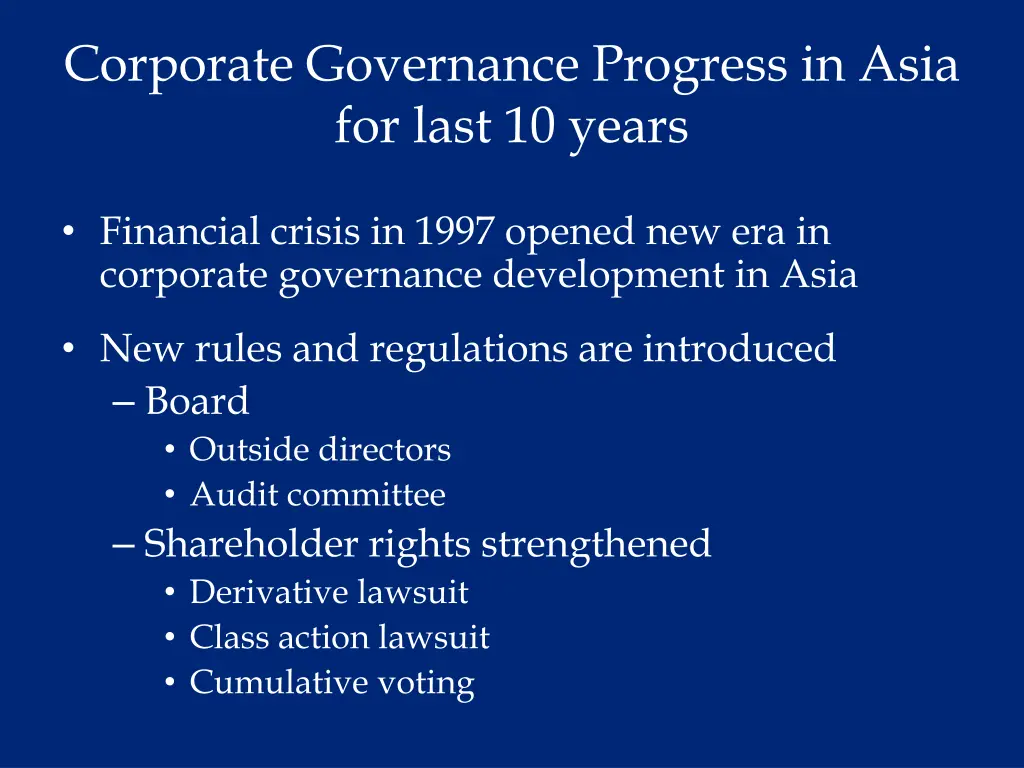 corporate governance progress in asia for last