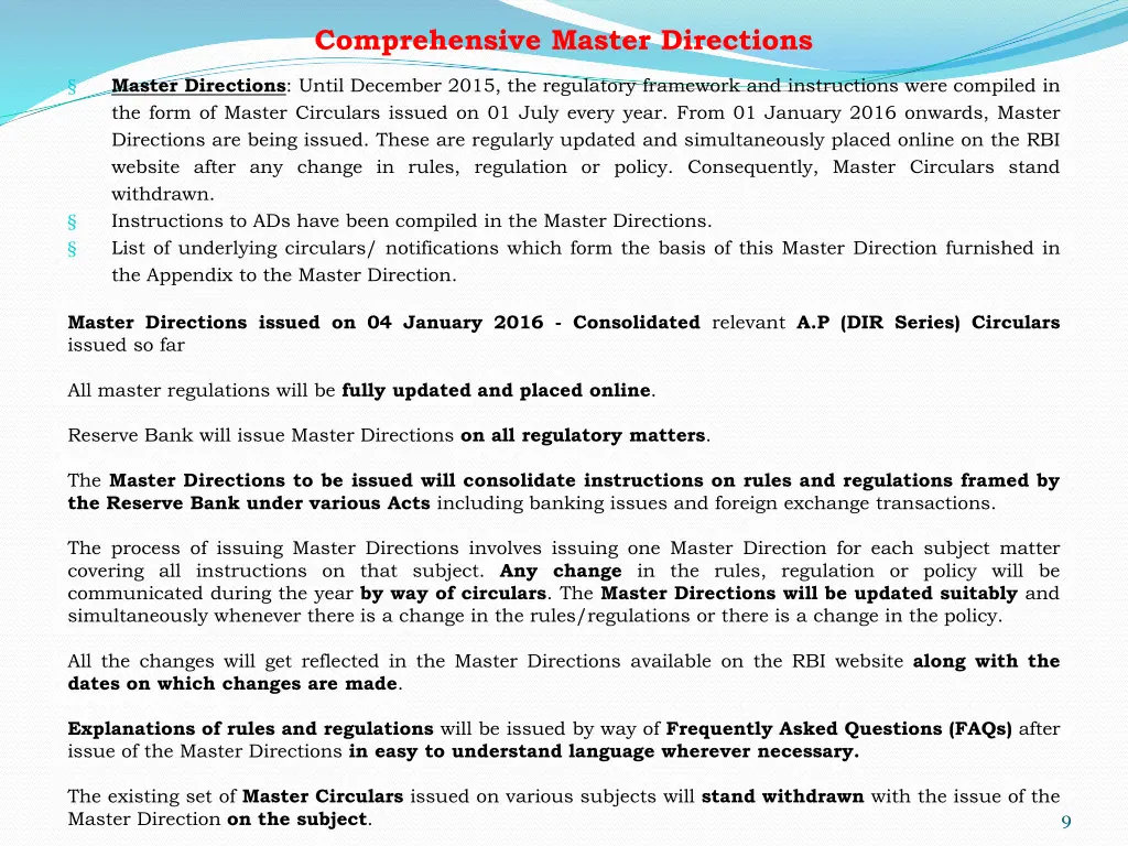 comprehensive master directions