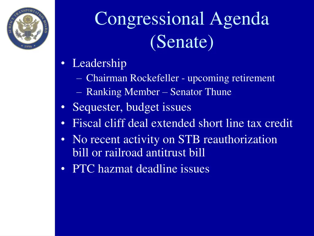 congressional agenda senate leadership chairman