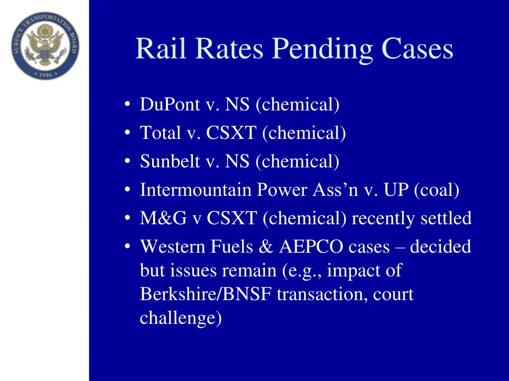 rail rates pending cases