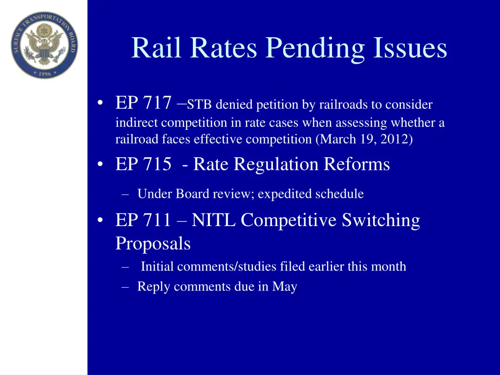 rail rates pending issues