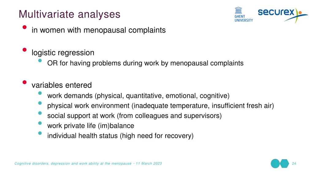 multivariate analyses in women with menopausal