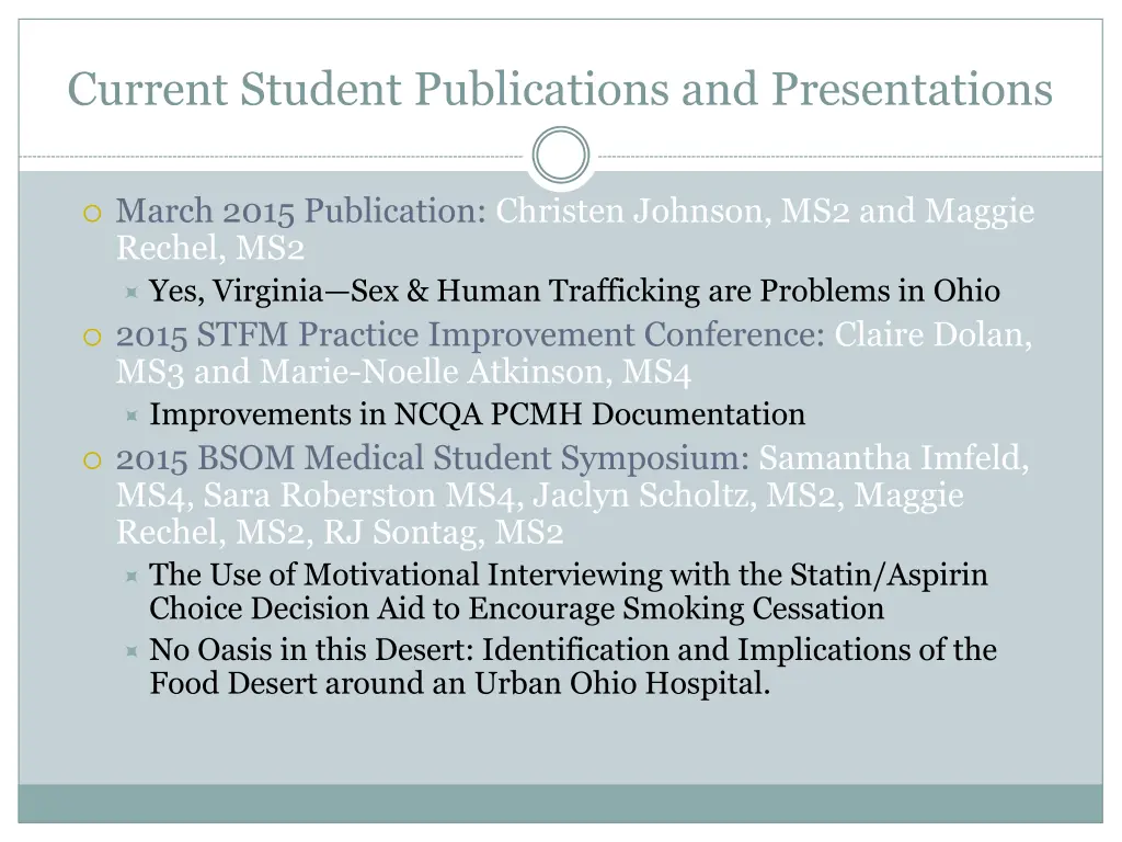 current student publications and presentations
