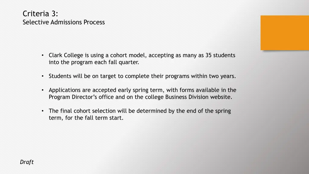criteria 3 selective admissions process