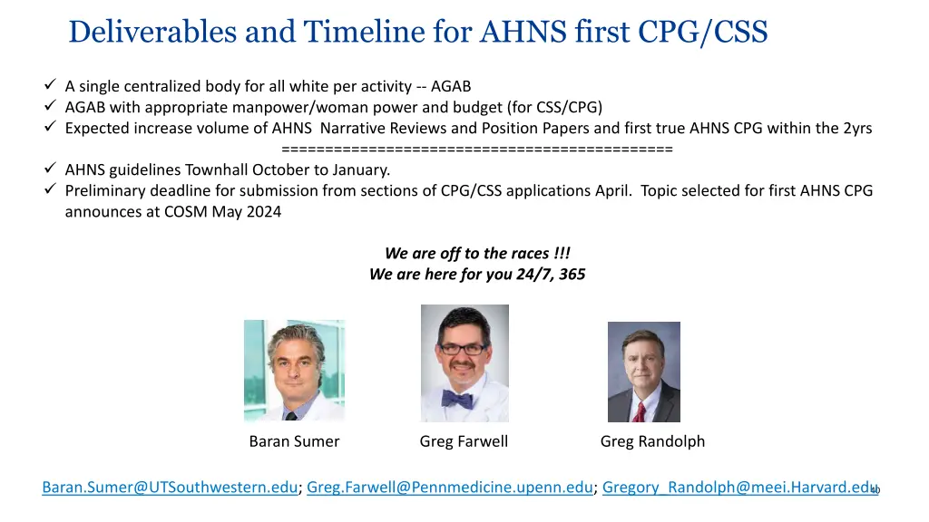deliverables and timeline for ahns first cpg css