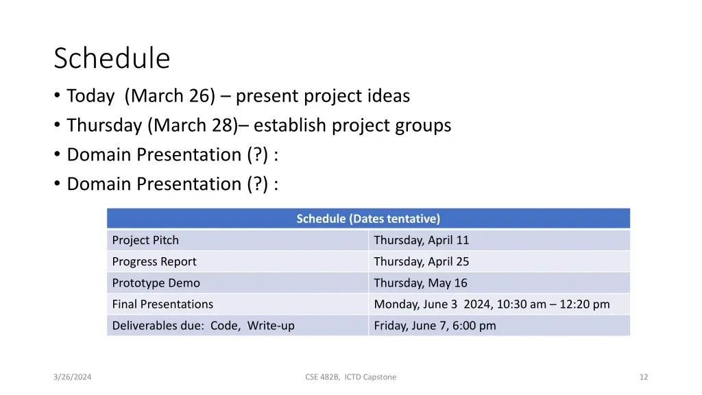 schedule today march 26 present project ideas