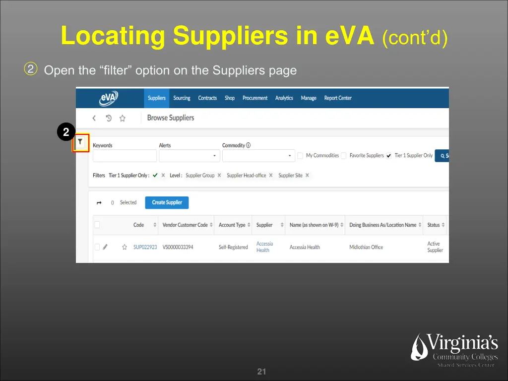 locating suppliers in eva cont d
