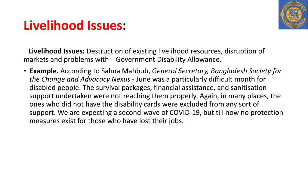livelihood issues
