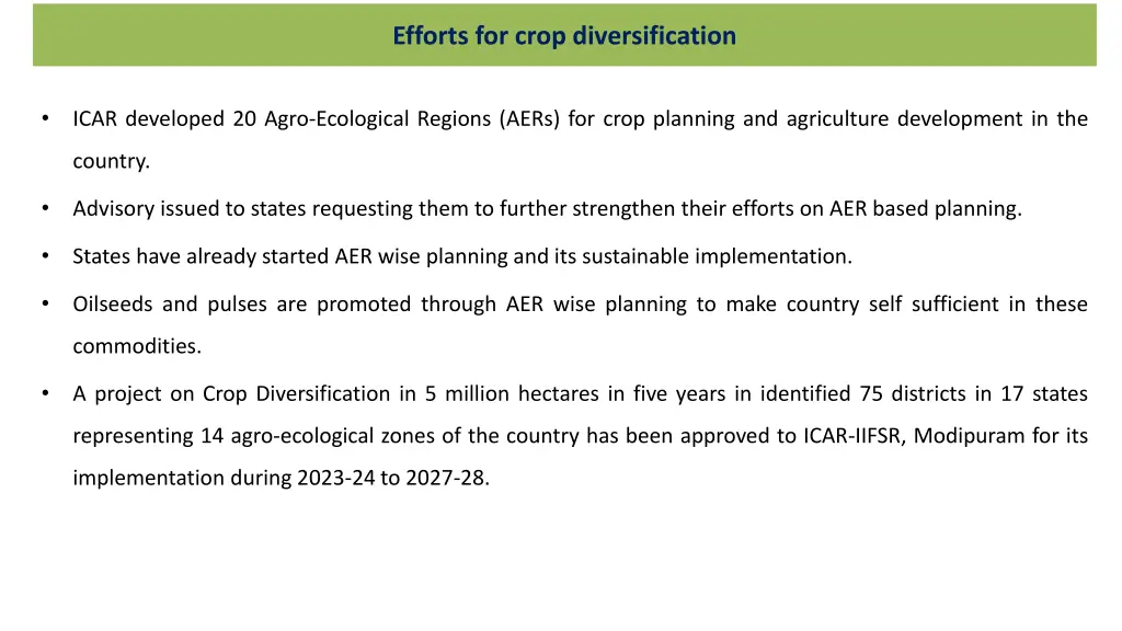 efforts for crop diversification