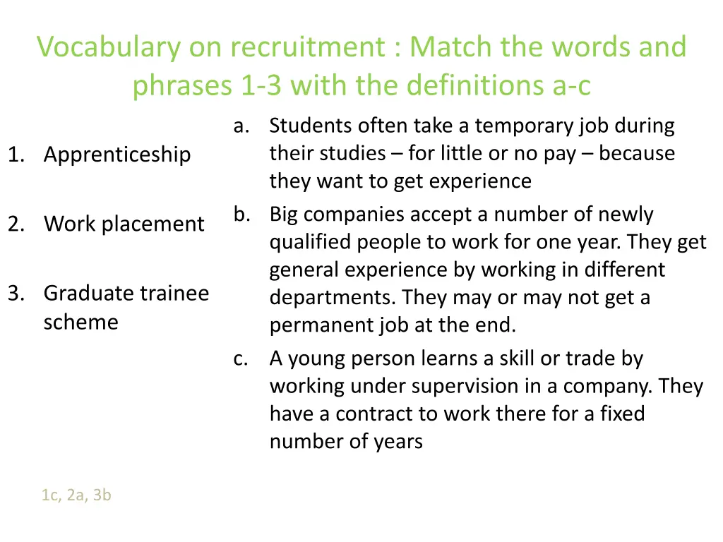 vocabulary on recruitment match the words