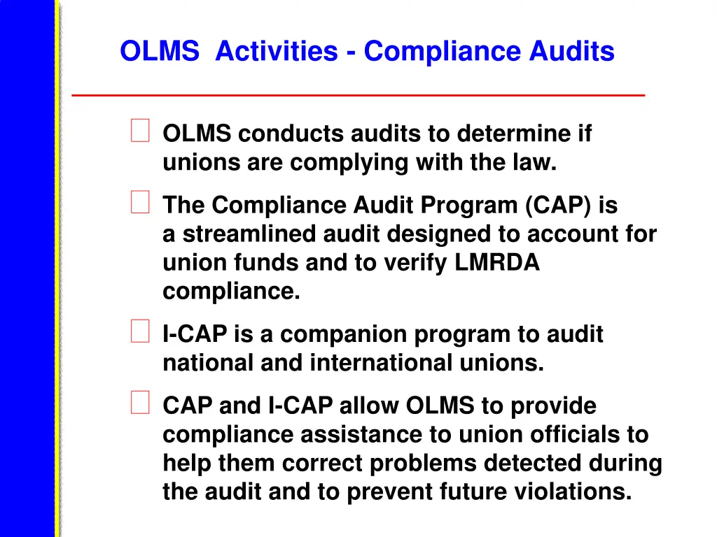 olms activities compliance audits